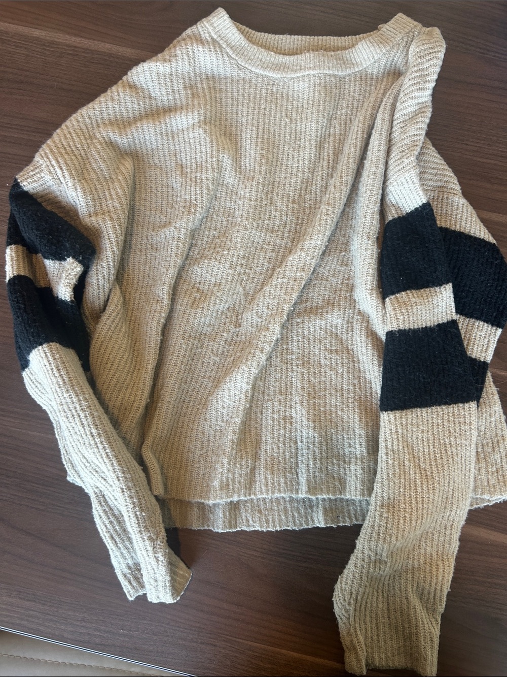 John + Jenn Cream Crewneck Sweater with Black Sleeve Stripes